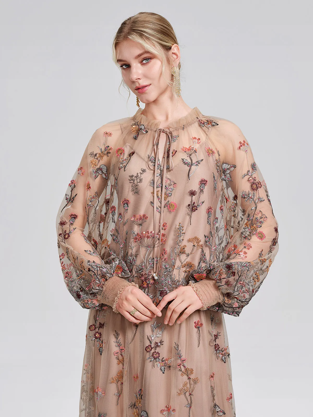 Mesh Embroidered Ruffle Tie-Neck Blouse sold by Rich Radi Q's product image thumbnail 3