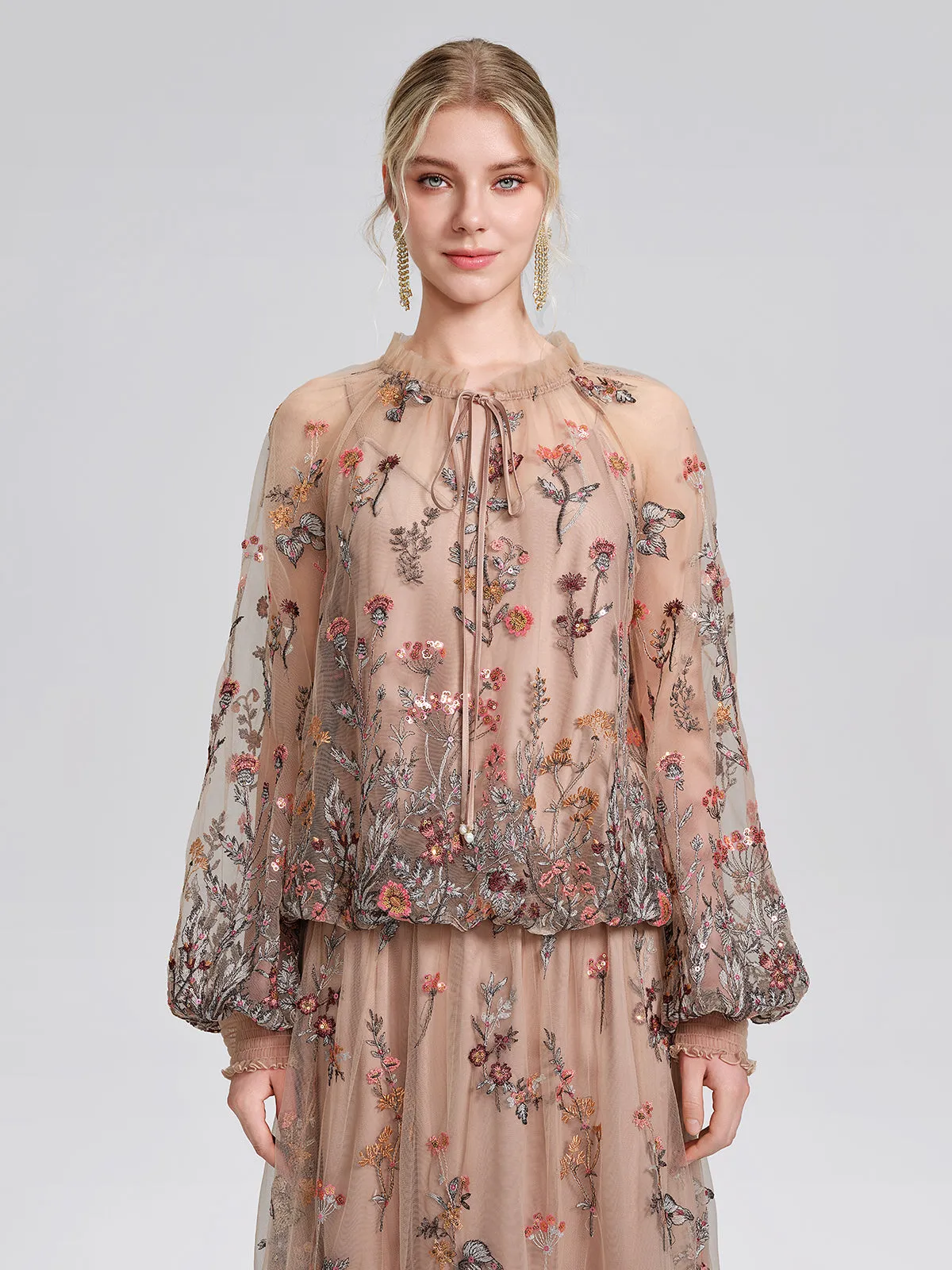 Mesh Embroidered Ruffle Tie-Neck Blouse sold by Rich Radi Q's product image thumbnail 4