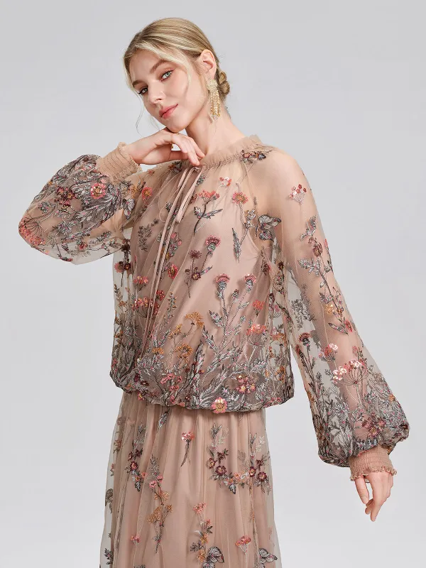 Mesh Embroidered Ruffle Tie-Neck Blouse made by Rich Radi Q's