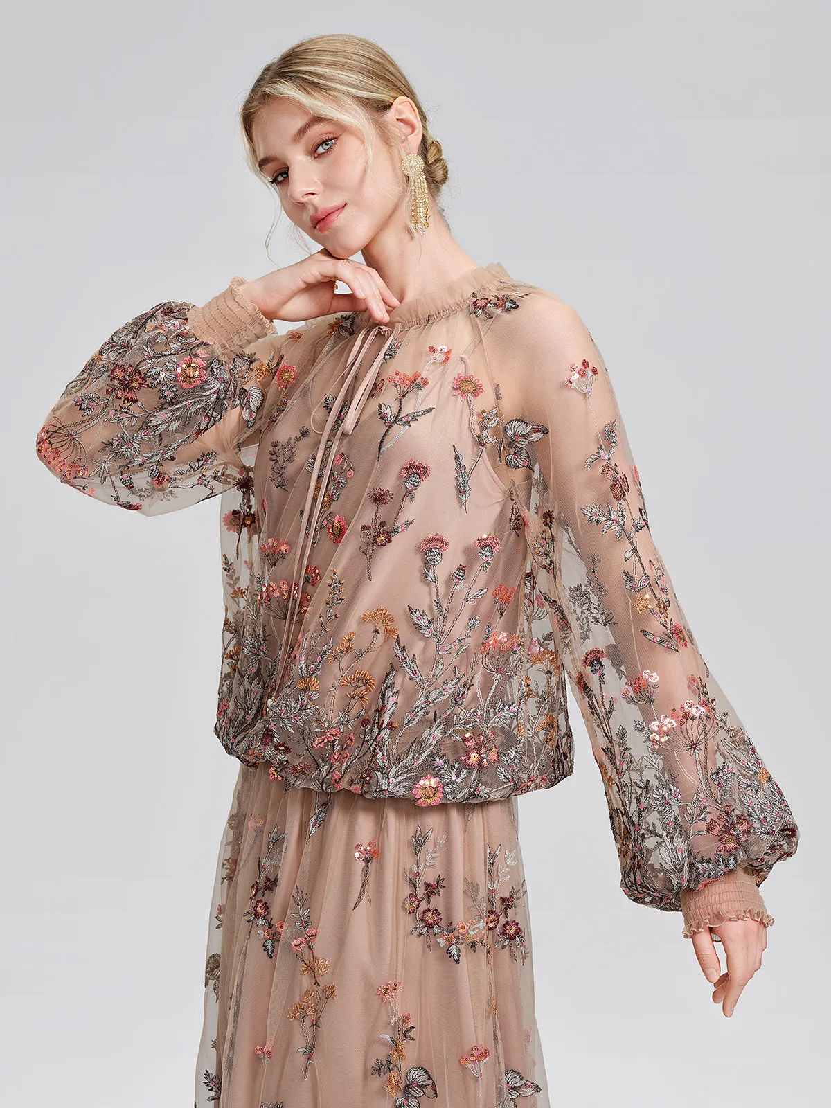Mesh Embroidered Ruffle Tie-Neck Blouse sold by Rich Radi Q's