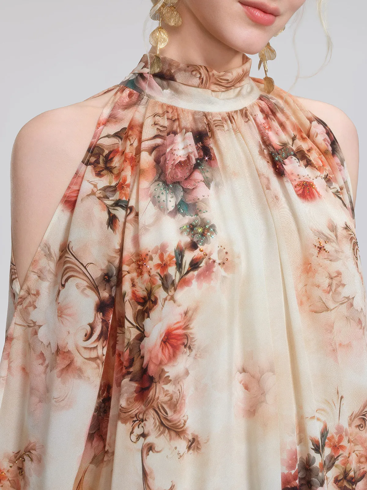 Silk Digital Floral Print Rhinestone Cut-Out Tie-Back Dress sold by Rich Radi Q's product image thumbnail 2