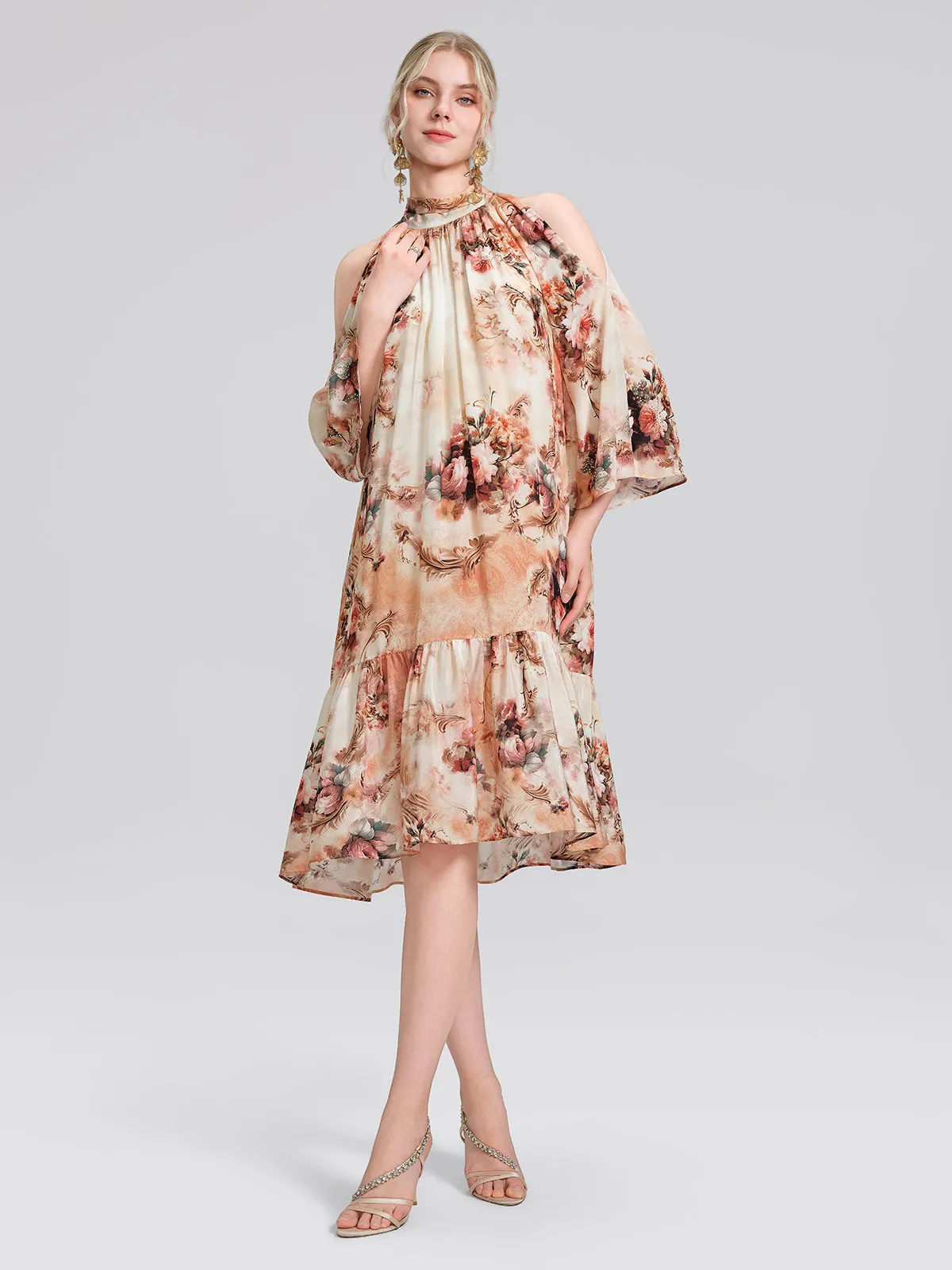 Silk Digital Floral Print Rhinestone Cut-Out Tie-Back Dress sold by Rich Radi Q's product image thumbnail 3