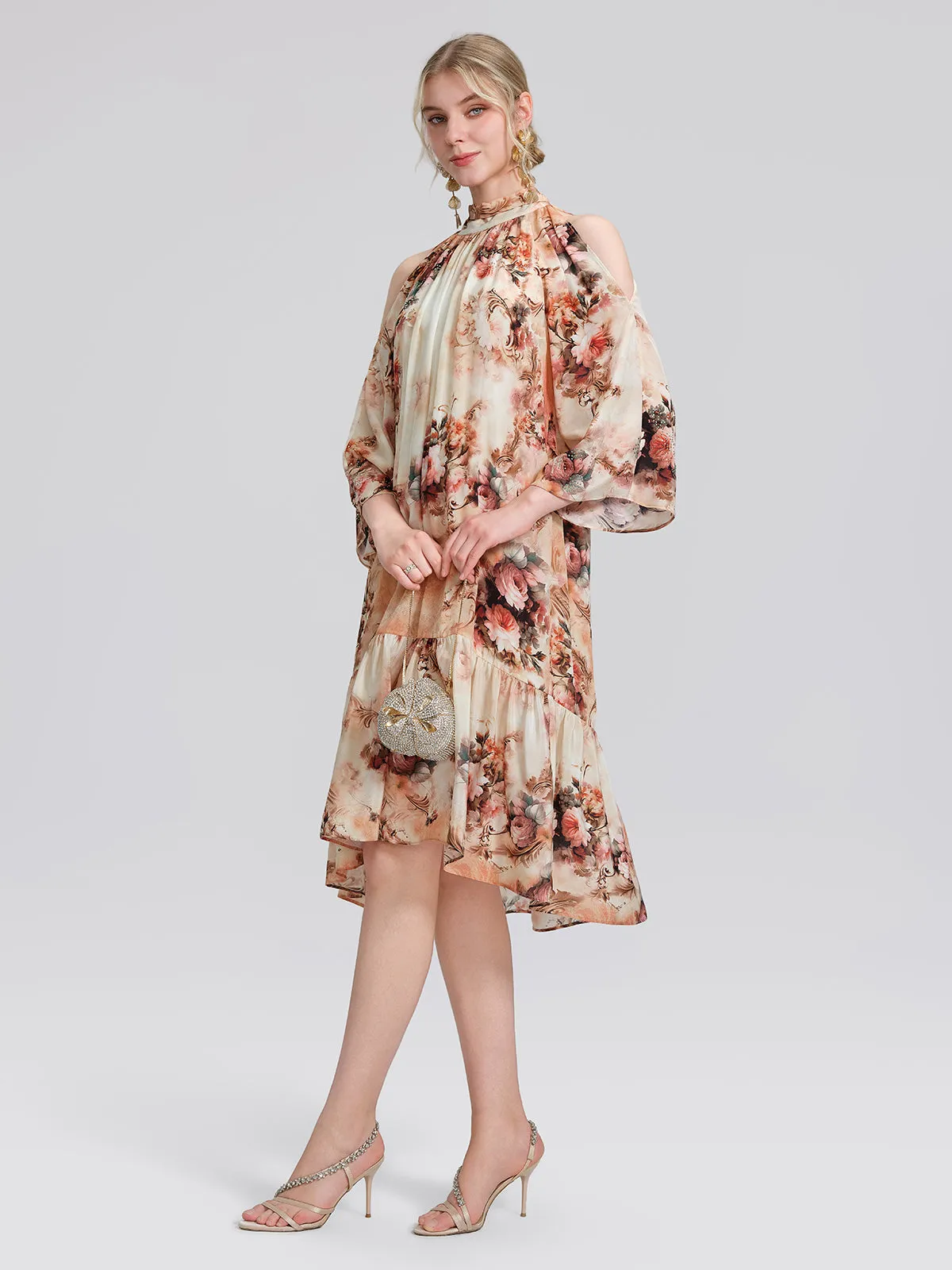 Silk Digital Floral Print Rhinestone Cut-Out Tie-Back Dress sold by Rich Radi Q's product image thumbnail 4
