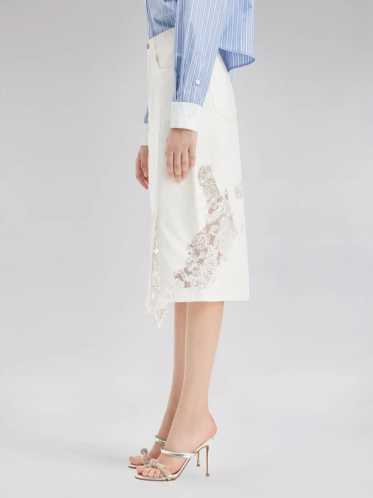 Final Sale | Lace Embroidery Patchwork Denim Midi Skirt sold by Rich Radi Q's product image thumbnail 4