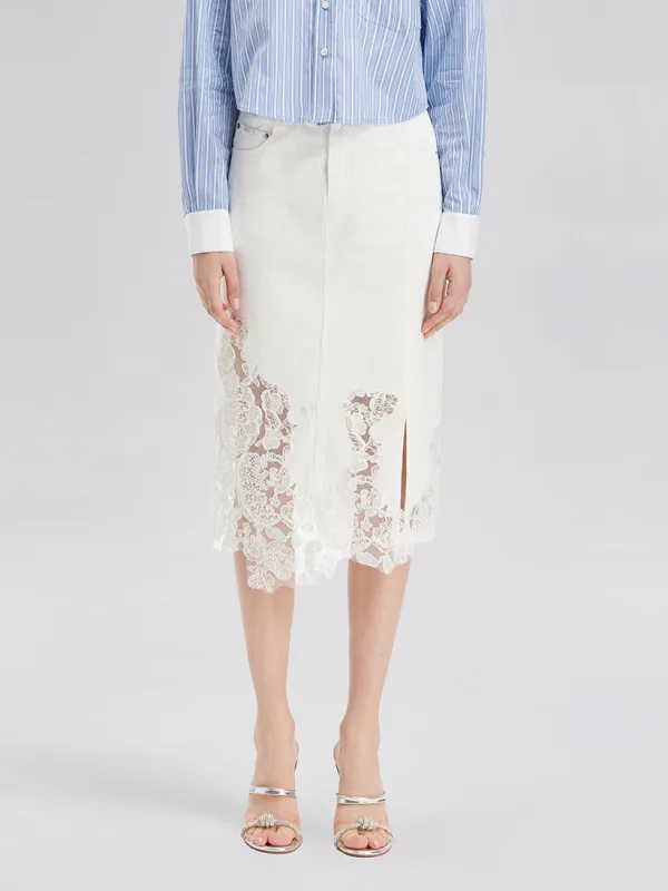 Final Sale | Lace Embroidery Patchwork Denim Midi Skirt made by Rich Radi Q's