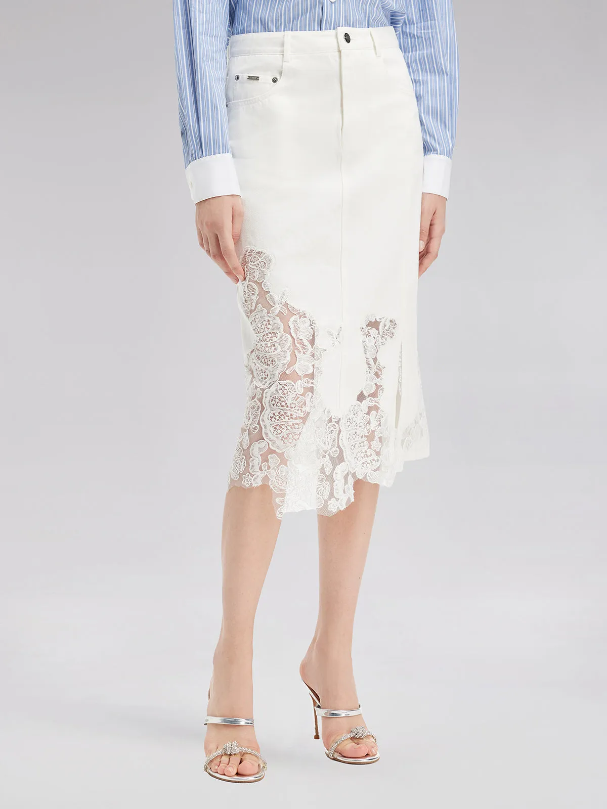 Final Sale | Lace Embroidery Patchwork Denim Midi Skirt sold by Rich Radi Q's product image thumbnail 3
