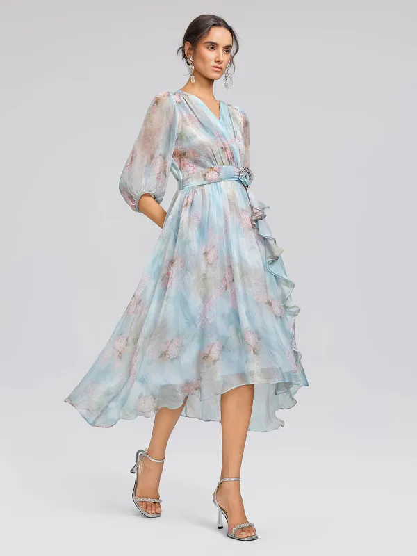 Silk Watercolor Floral 3D Flower V-Neck Dress made by Rich Radi Q's