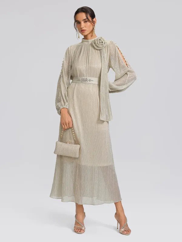 Glitter Pleated Pearl-Buttons Dress (Detachable Floral & Waist Tie Included) made by Rich Radi Q's