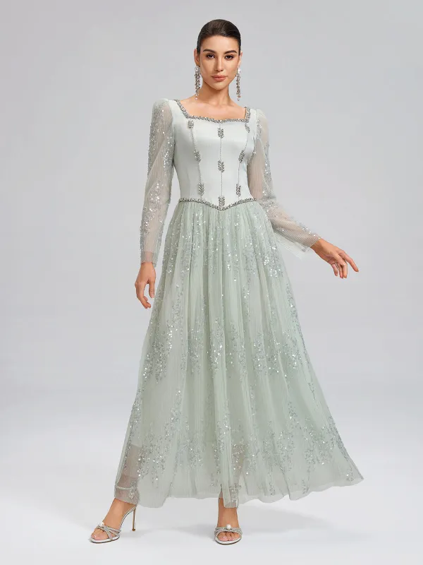 Hand-Beading Sequin Mesh Square-Neck Dress made by Rich Radi Q's