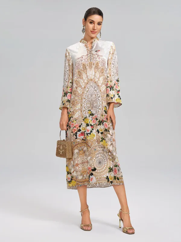 100% Silk Printed Stand-Collar Dress made by Rich Radi Q's