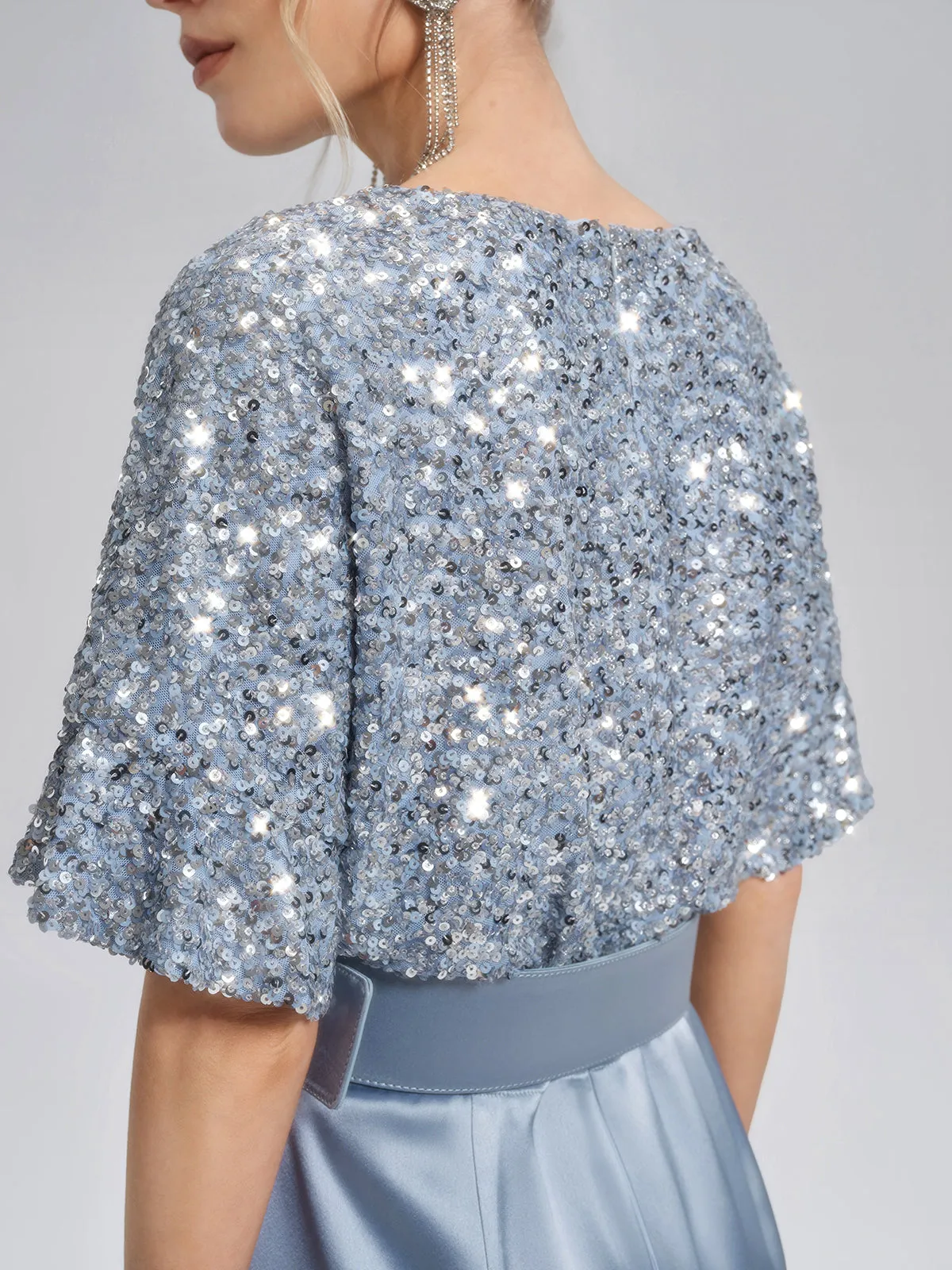 Sequin Panel Satin V Neck Dress (Belt Included) sold by Rich Radi Q's product image thumbnail 4