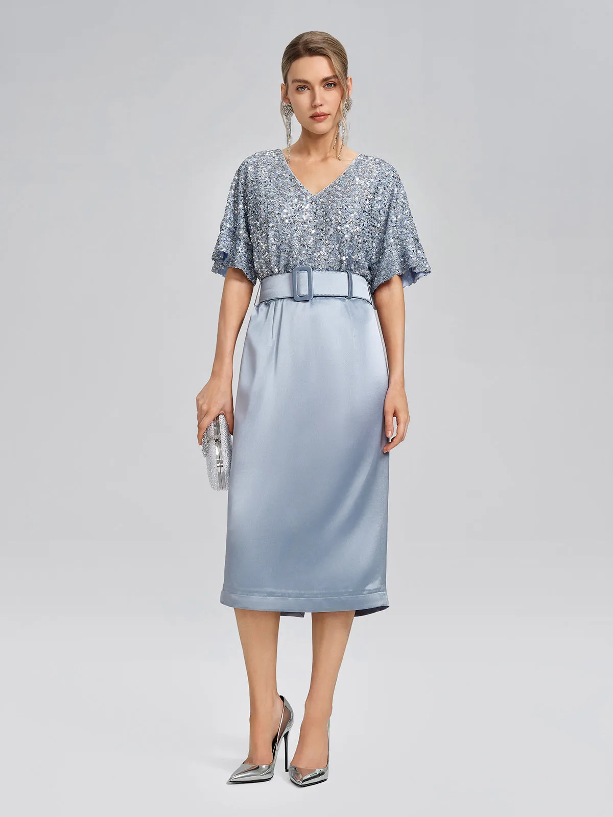 Sequin Panel Satin V Neck Dress (Belt Included) sold by Rich Radi Q's product image thumbnail 5