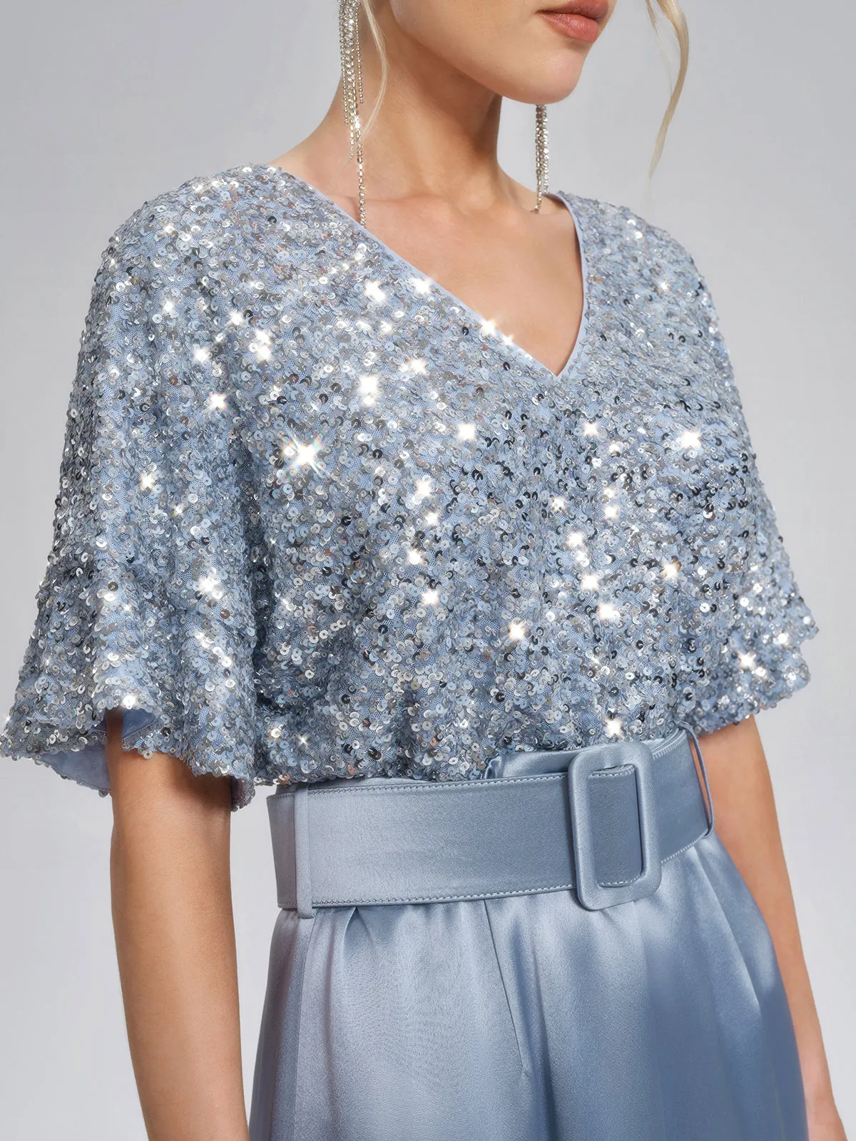 Sequin Panel Satin V Neck Dress (Belt Included) sold by Rich Radi Q's product image thumbnail 2
