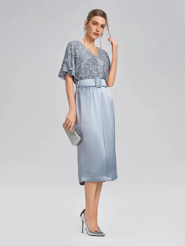 Sequin Panel Satin V Neck Dress (Belt Included) made by Rich Radi Q's