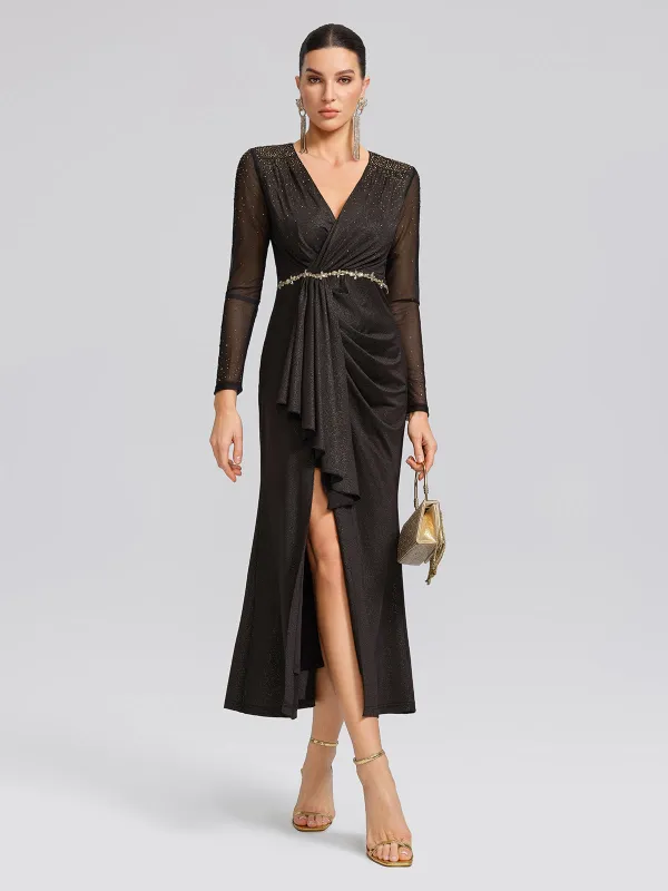 Hand-Set Gradient Rhinestone Pleated V-Neck Dress made by Rich Radi Q's