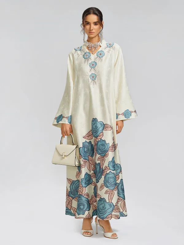 Pearl-Embellished Floral V-Neck Relaxed Dress made by Rich Radi Q's