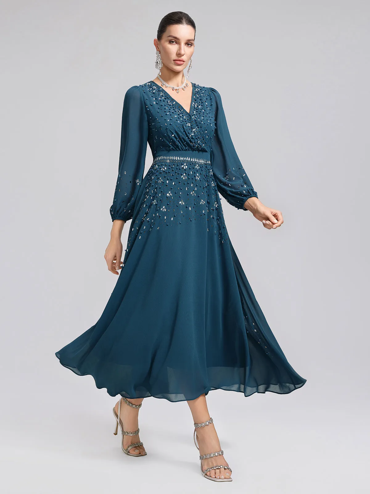Rhinestone-Embellished Beaded Deep V Dress sold by Rich Radi Q's product image thumbnail 3
