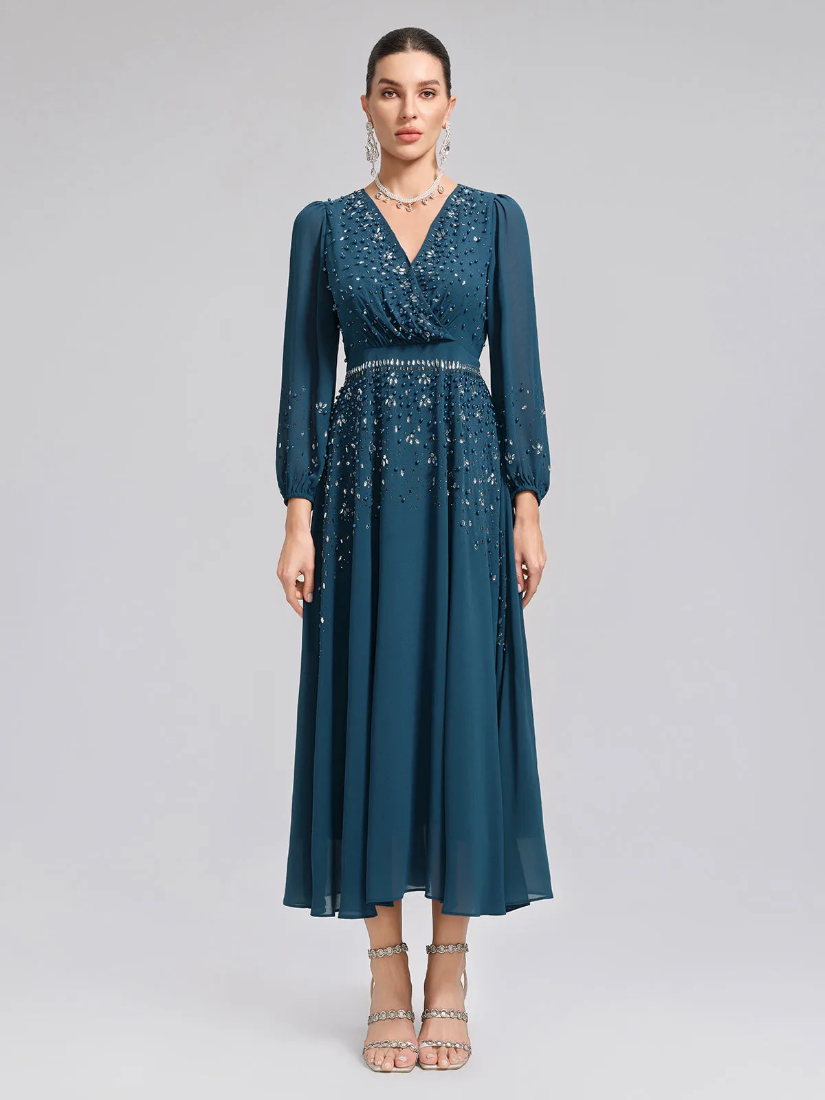 Rhinestone-Embellished Beaded Deep V Dress sold by Rich Radi Q's product image thumbnail 5