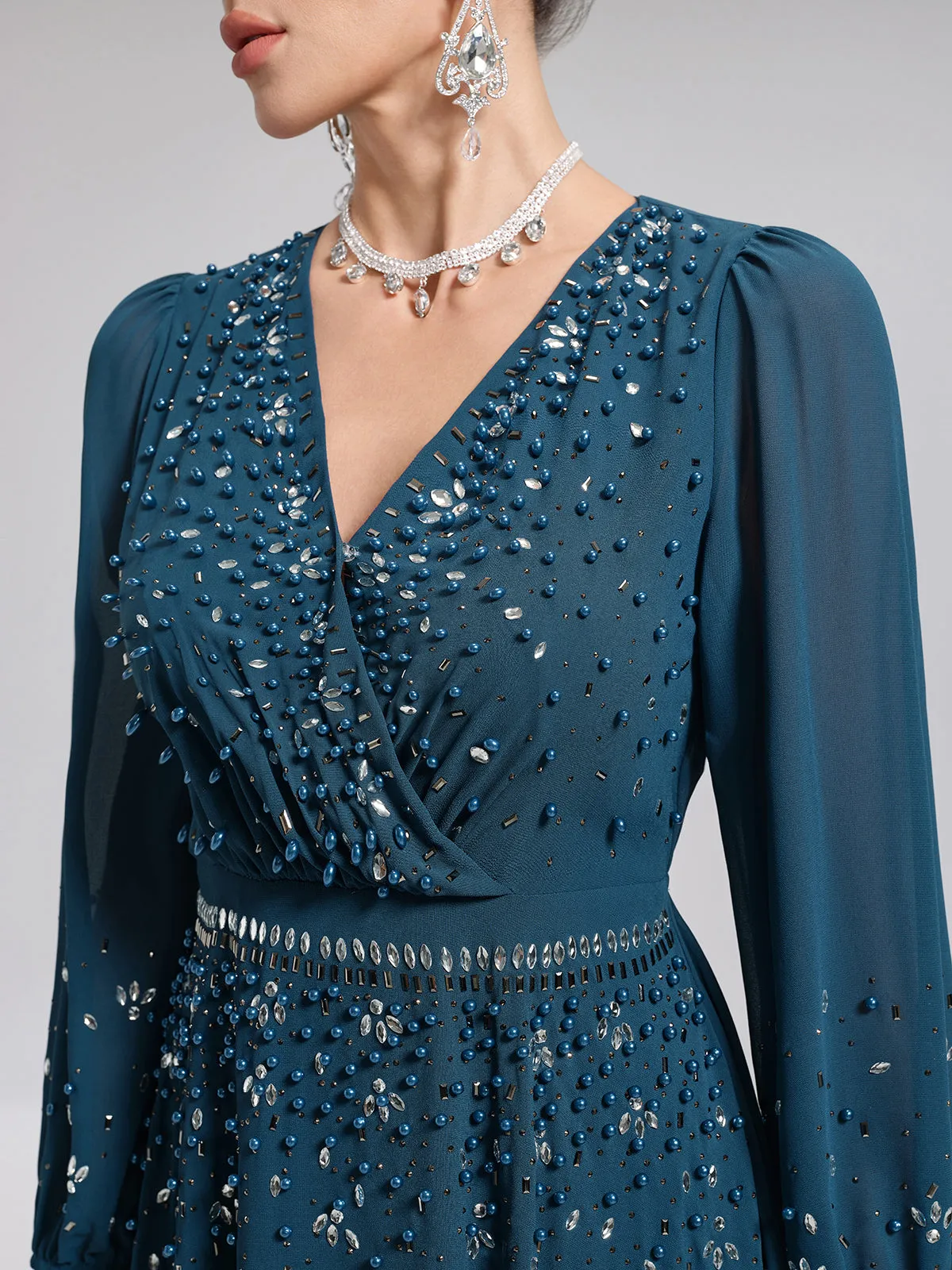 Rhinestone-Embellished Beaded Deep V Dress sold by Rich Radi Q's product image thumbnail 2
