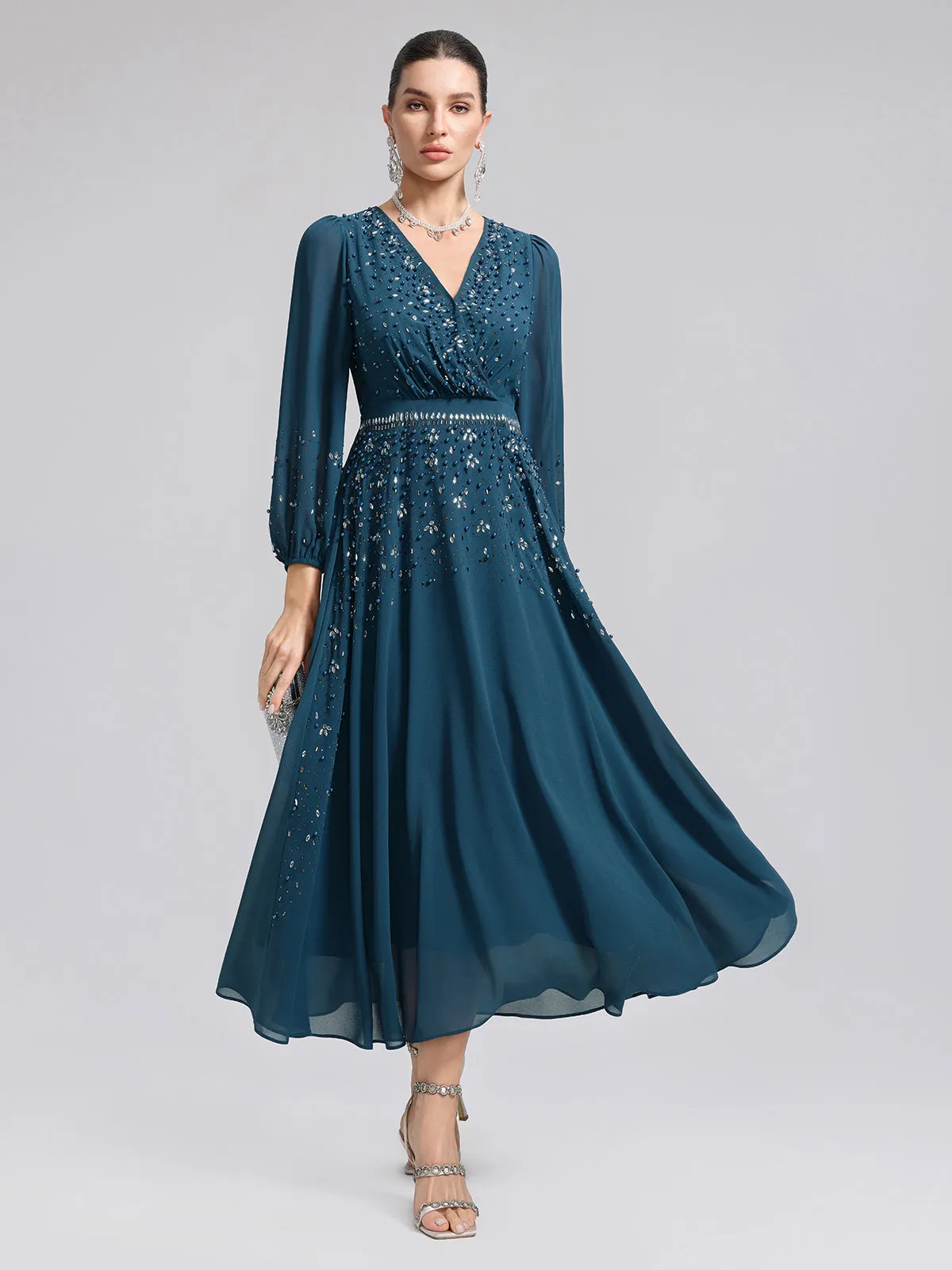 Rhinestone-Embellished Beaded Deep V Dress sold by Rich Radi Q's
