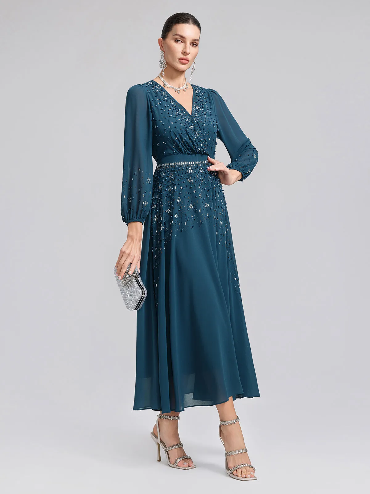 Rhinestone-Embellished Beaded Deep V Dress sold by Rich Radi Q's product image thumbnail 4