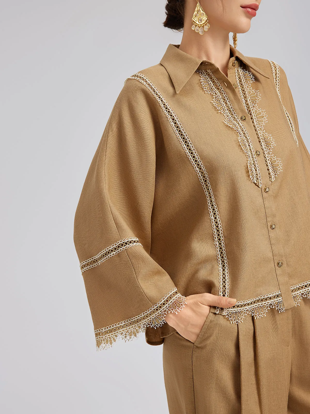 Final Sale | Baroque Lace-Trim Linen Shirt sold by Rich Radi Q's product image thumbnail 5