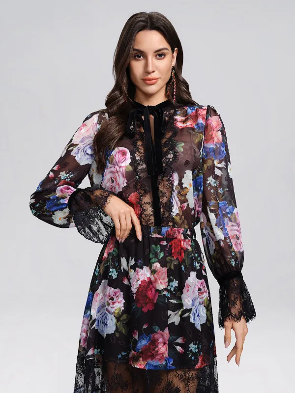 Oil Rose Print Lace Trim Blouse made by Rich Radi Q's