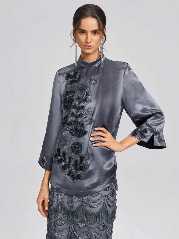 Satin Floral Embroidery Mandarin Collar Blouse made by Rich Radi Q's