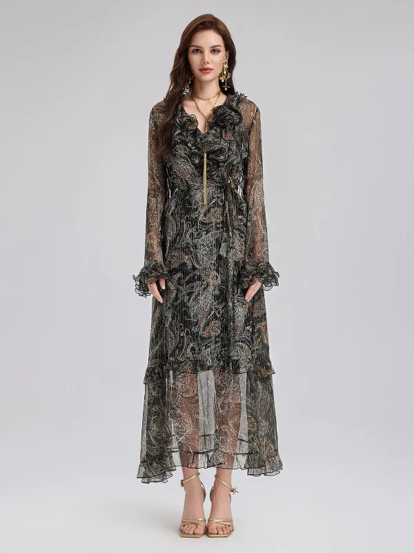 Cashew Flower Ruffle V-Neck Silk Dress made by Rich Radi Q's