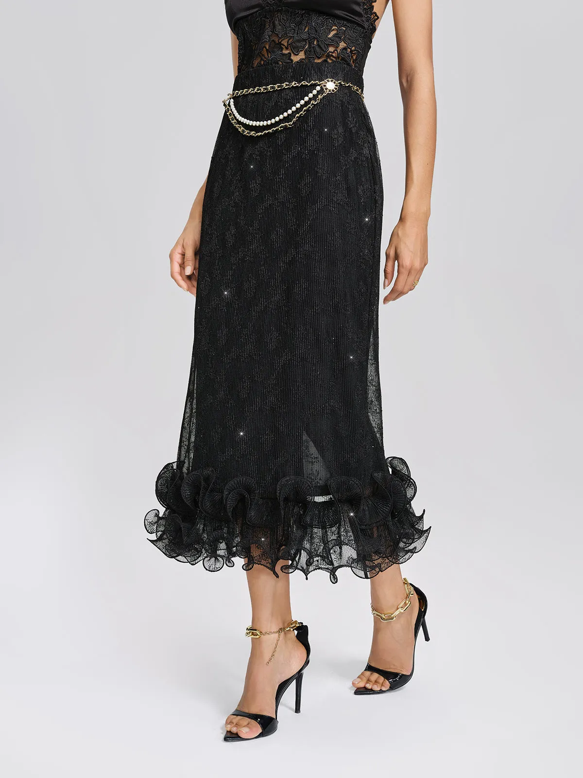Pleated Mesh Floral Lace Skirt sold by Rich Radi Q's product image thumbnail 4
