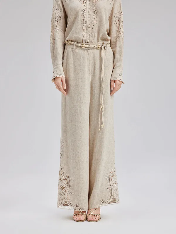Final Sale | French Ramie Lace-Trimmed Pants with Braided Belt made by Rich Radi Q's