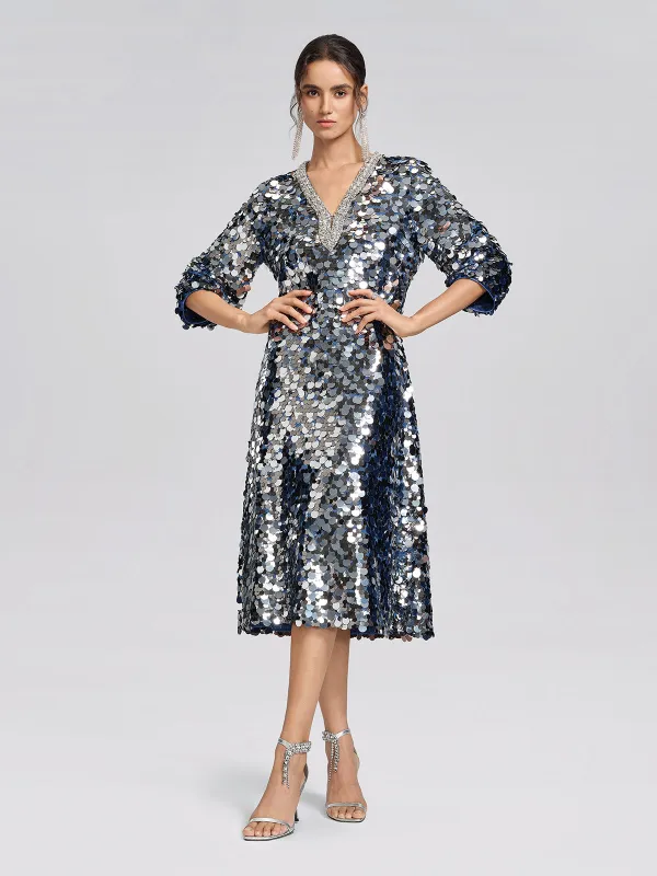 Metallic Sequin Rhinestone V-Neck Dress made by Rich Radi Q's