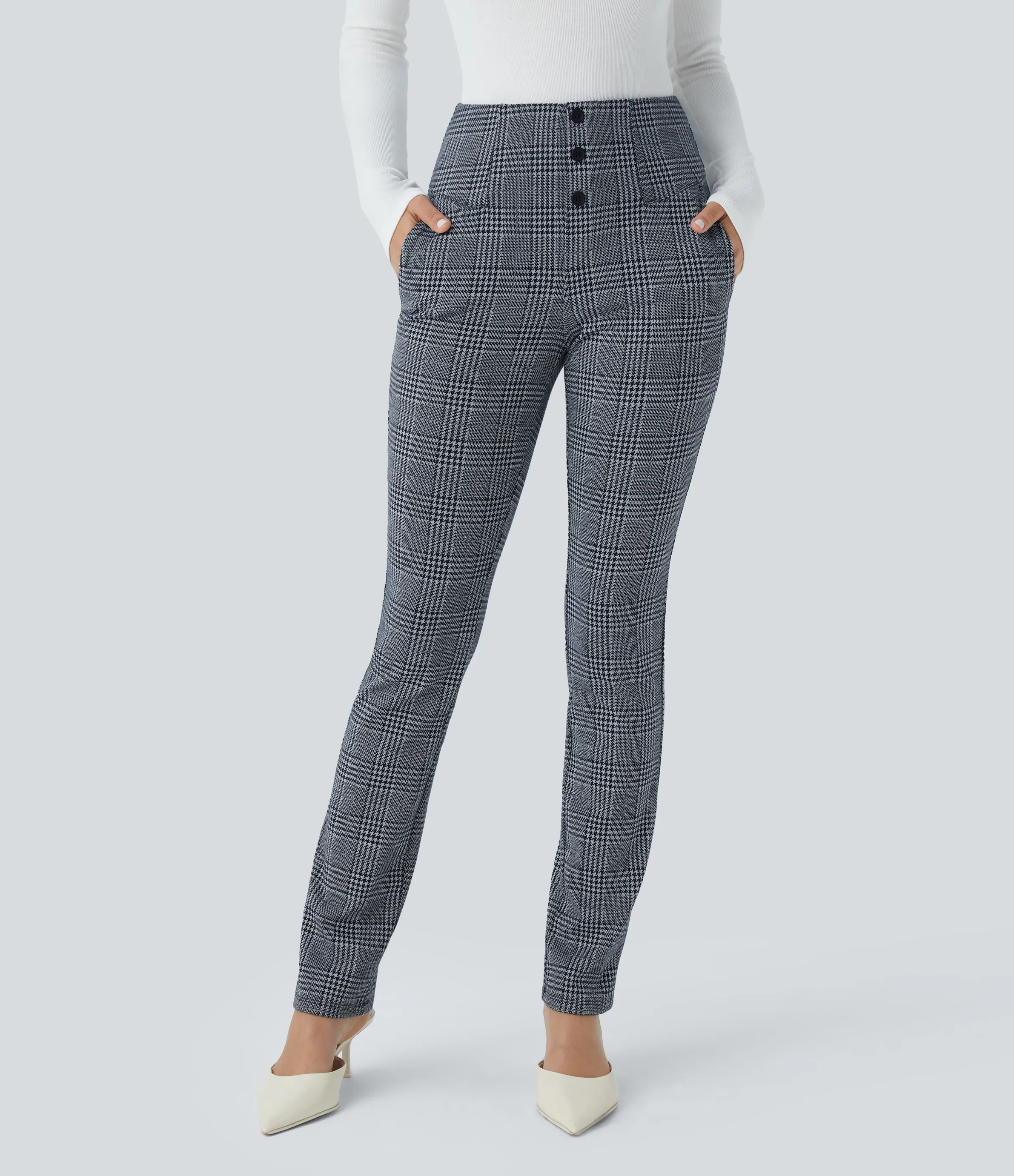 Halara Flex™ High Waisted Decorative Button Side Pocket Houndstooth Plaid Skinny Work Pants sold by halara product image thumbnail 3