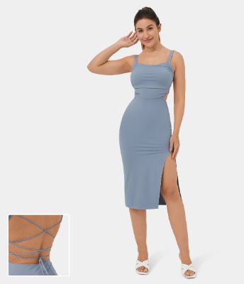 Ruched Backless Crisscross Lace Up Split Bodycon Midi Casual Dress sold by halara