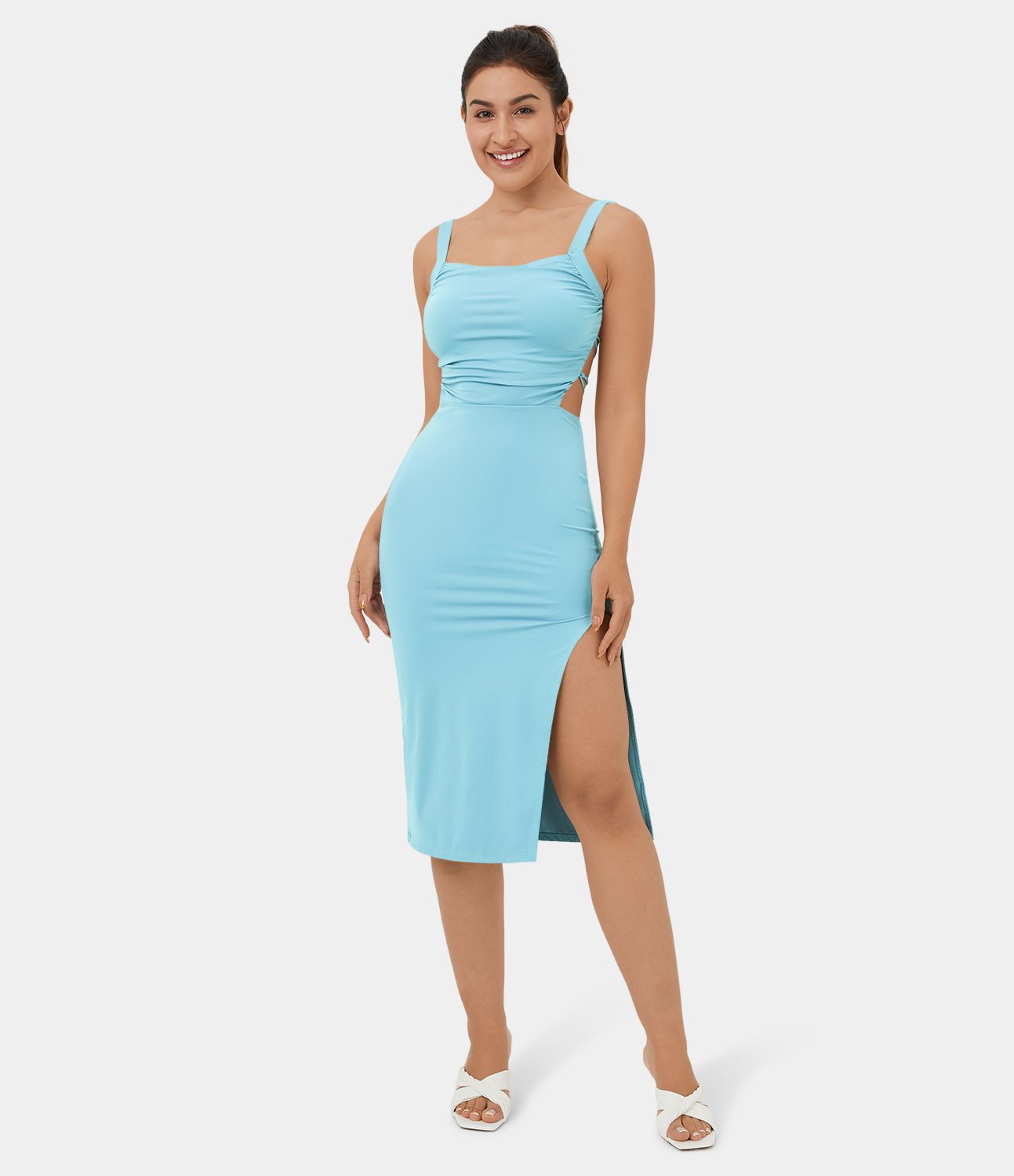 Ruched Backless Crisscross Lace Up Split Bodycon Midi Casual Dress