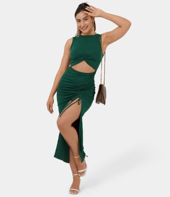 Round Neck Twisted Cut Out Ruched Drawstring Split Hem Bodycon Midi Casual Dress sold by halara