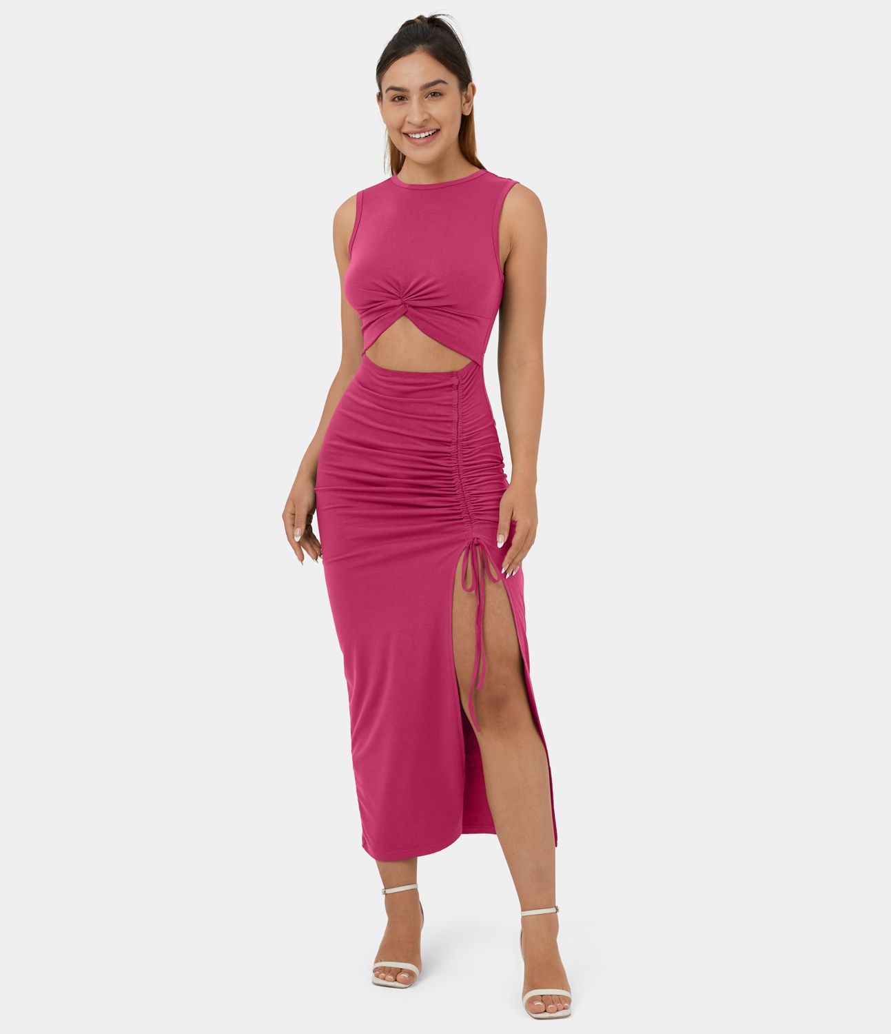 Round Neck Twisted Cut Out Ruched Drawstring Split Hem Bodycon Midi Casual Dress sold by halara product image thumbnail 2