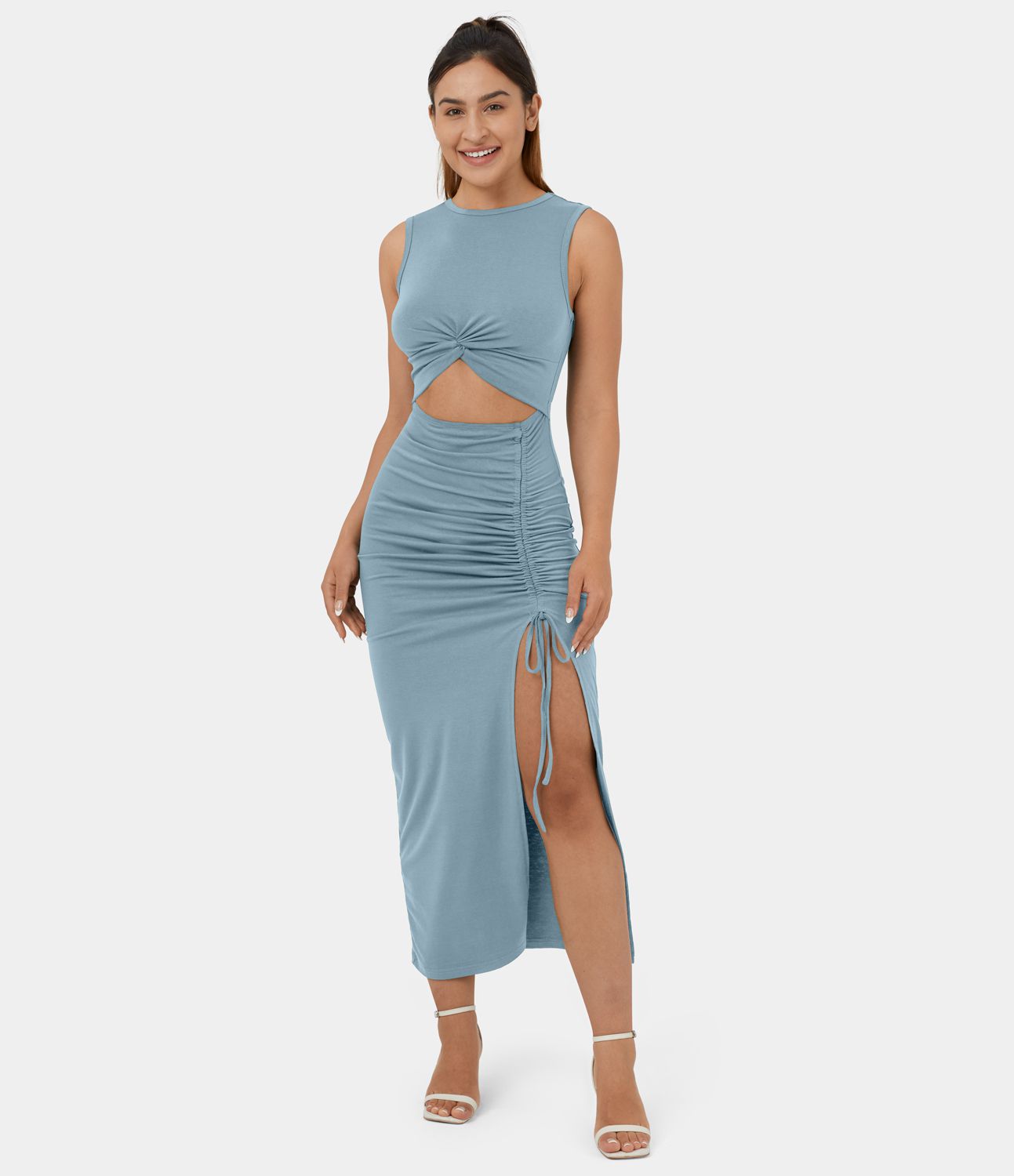 Round Neck Twisted Cut Out Ruched Drawstring Split Hem Bodycon Midi Casual Dress sold by halara product image thumbnail 3
