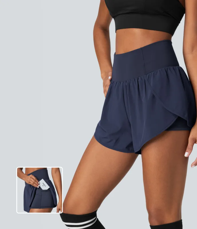 Breezeful™ High Waisted Crossover Petal Hem 2-in-1 Side Pocket Quick Dry Yoga Shorts sold by halara