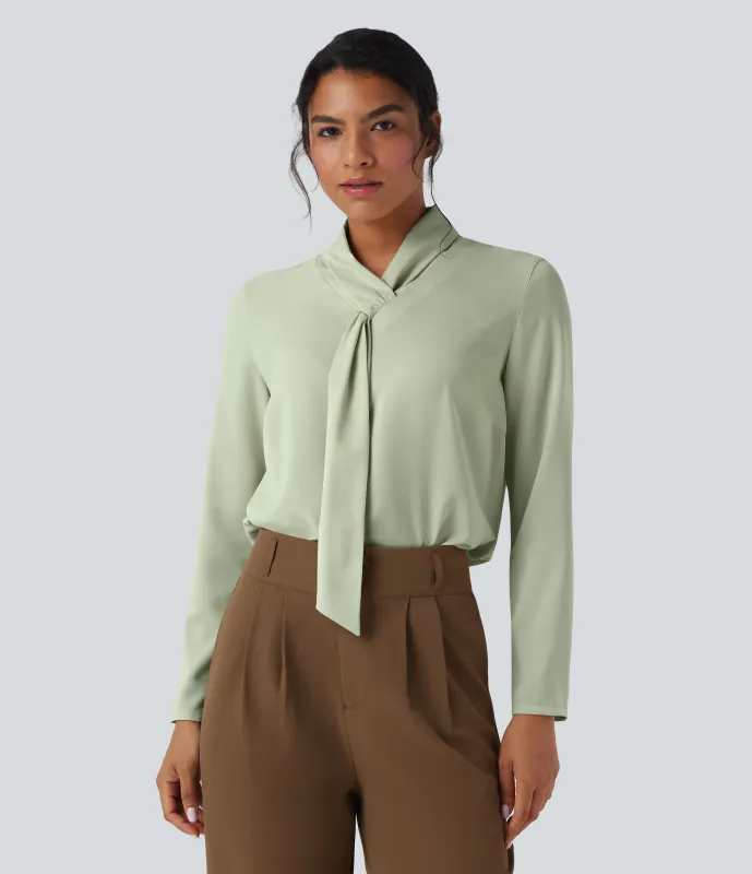 Halara Camisa de oficina de manga larga con cuello de bufanda antiarrugas - Fog Green - XL sold by Halara