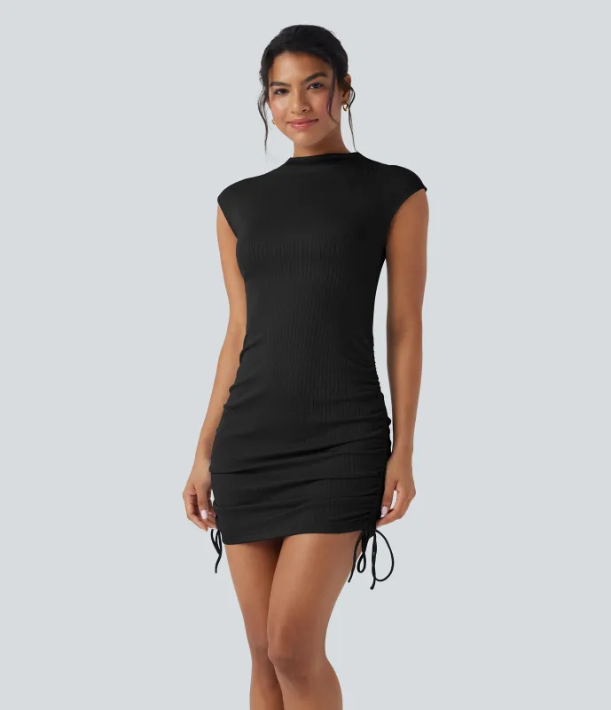 Halara Vestido casual mini ajustado con manga corta de punto acanalado y cordón ajustable - Black - S sold by Halara