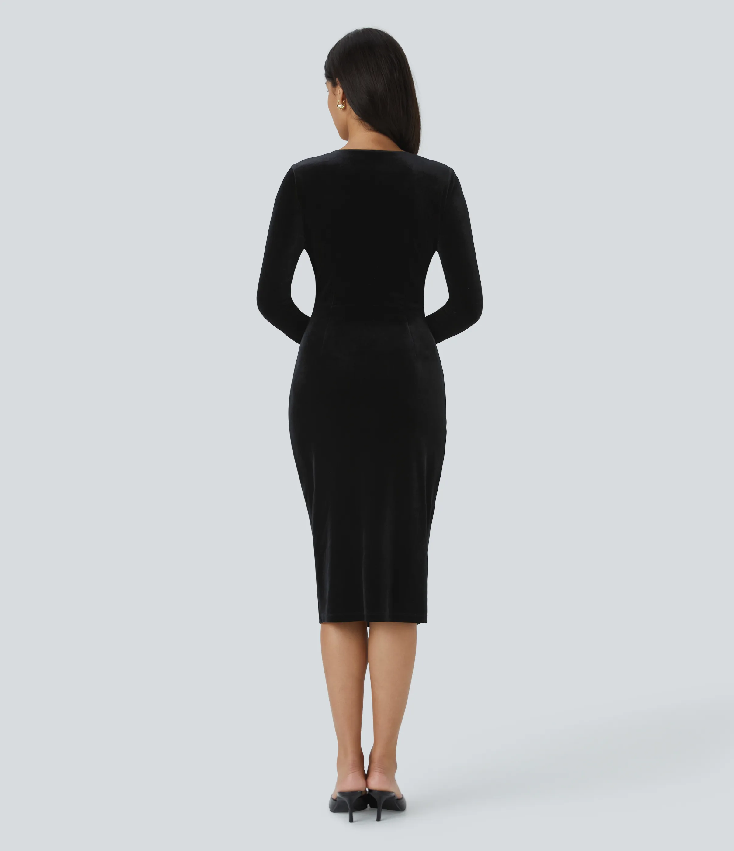 Halara Vestido midi terciopelo cuello V manga larga fruncido - Black - S sold by Halara product image thumbnail 3