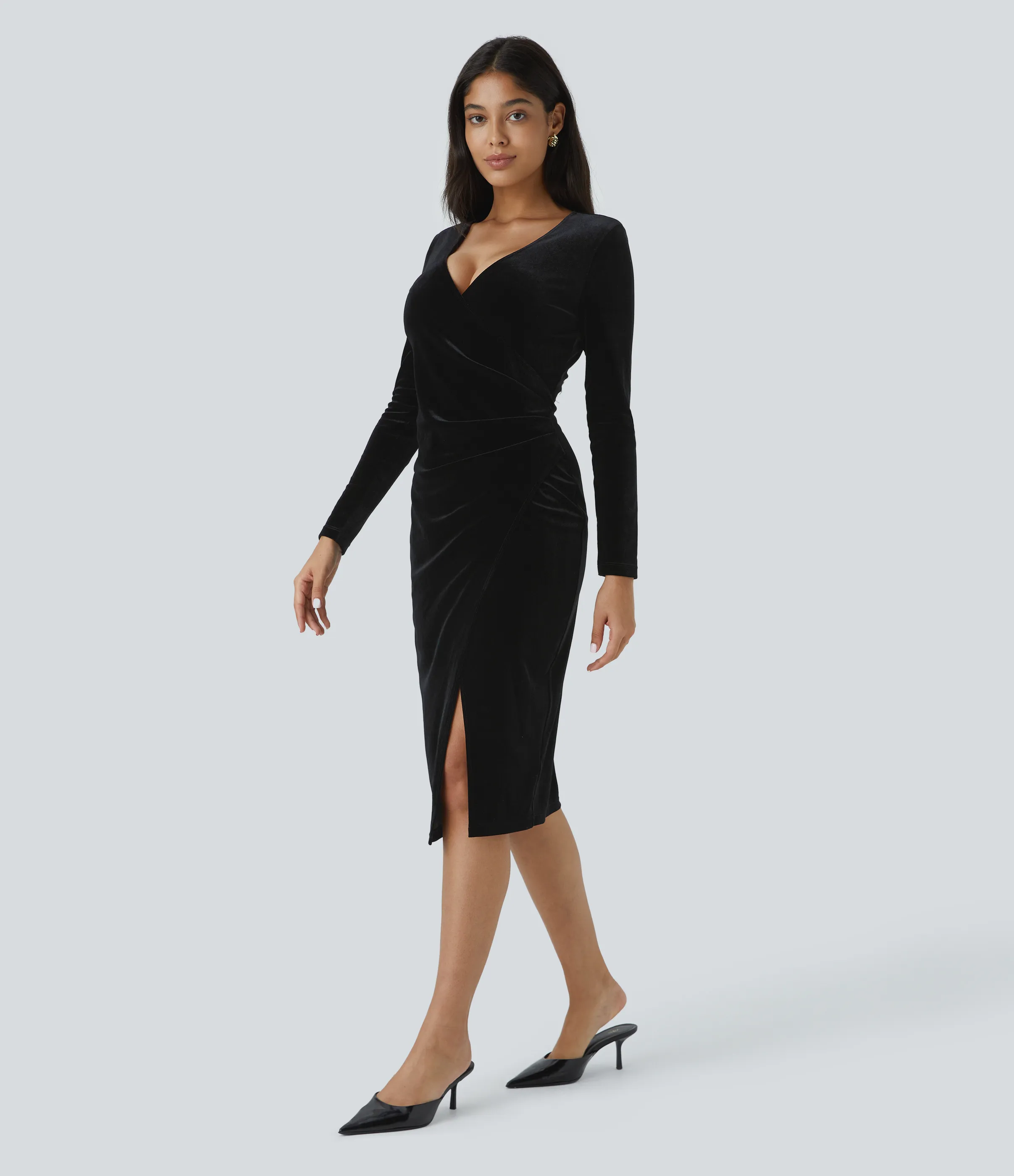 Halara Vestido midi terciopelo cuello V manga larga fruncido - Black - S sold by Halara product image thumbnail 4