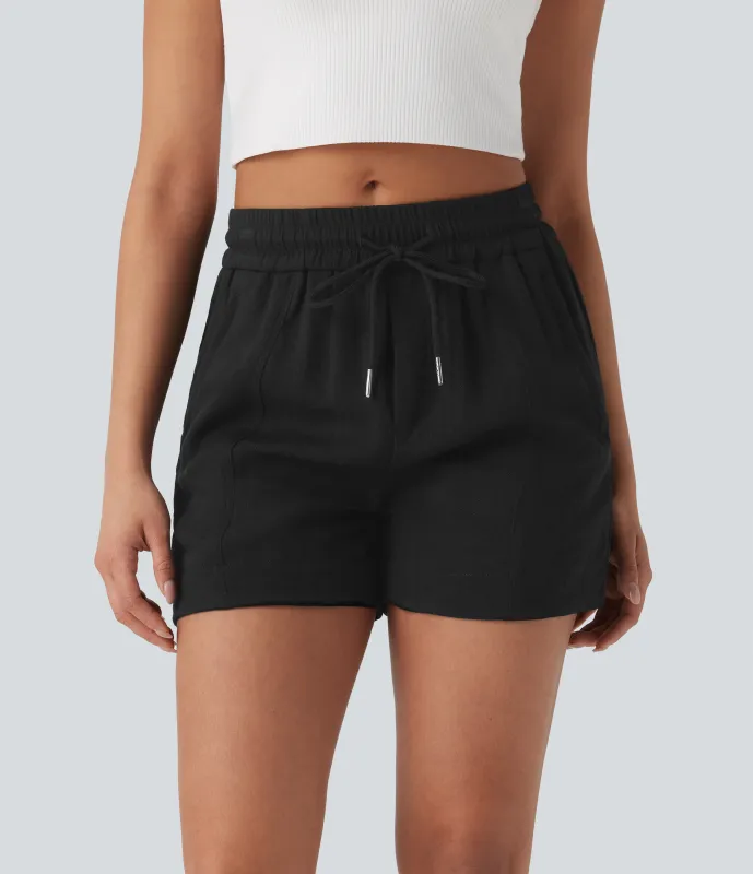 Halara Shorts de oficina de oficina de tiro medio con cordón y bolsillos laterales con cremallera - Black - L sold by Halara