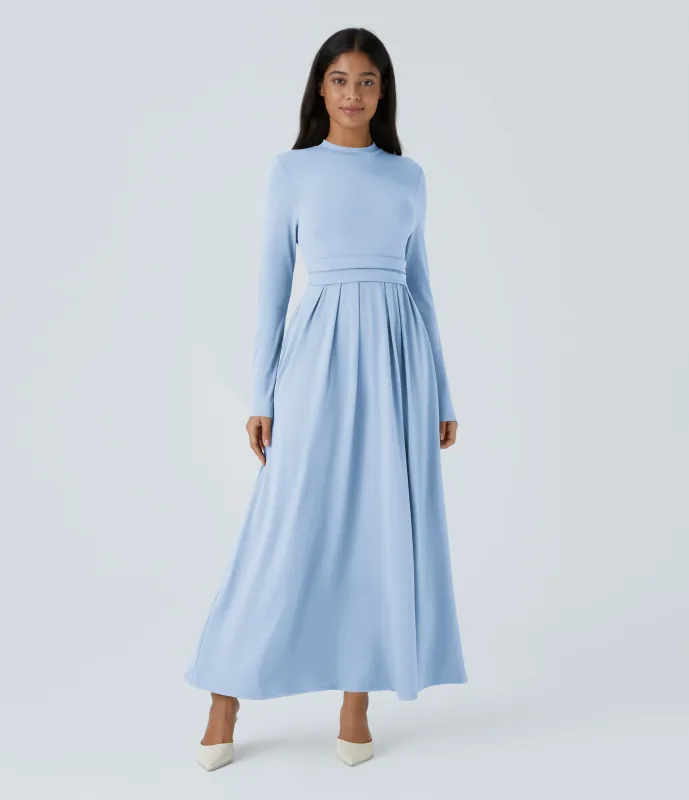 Halara Vestido largo cuello alto manga larga bolsillo lateral plisado acampanado - Angel Falls - S sold by Halara