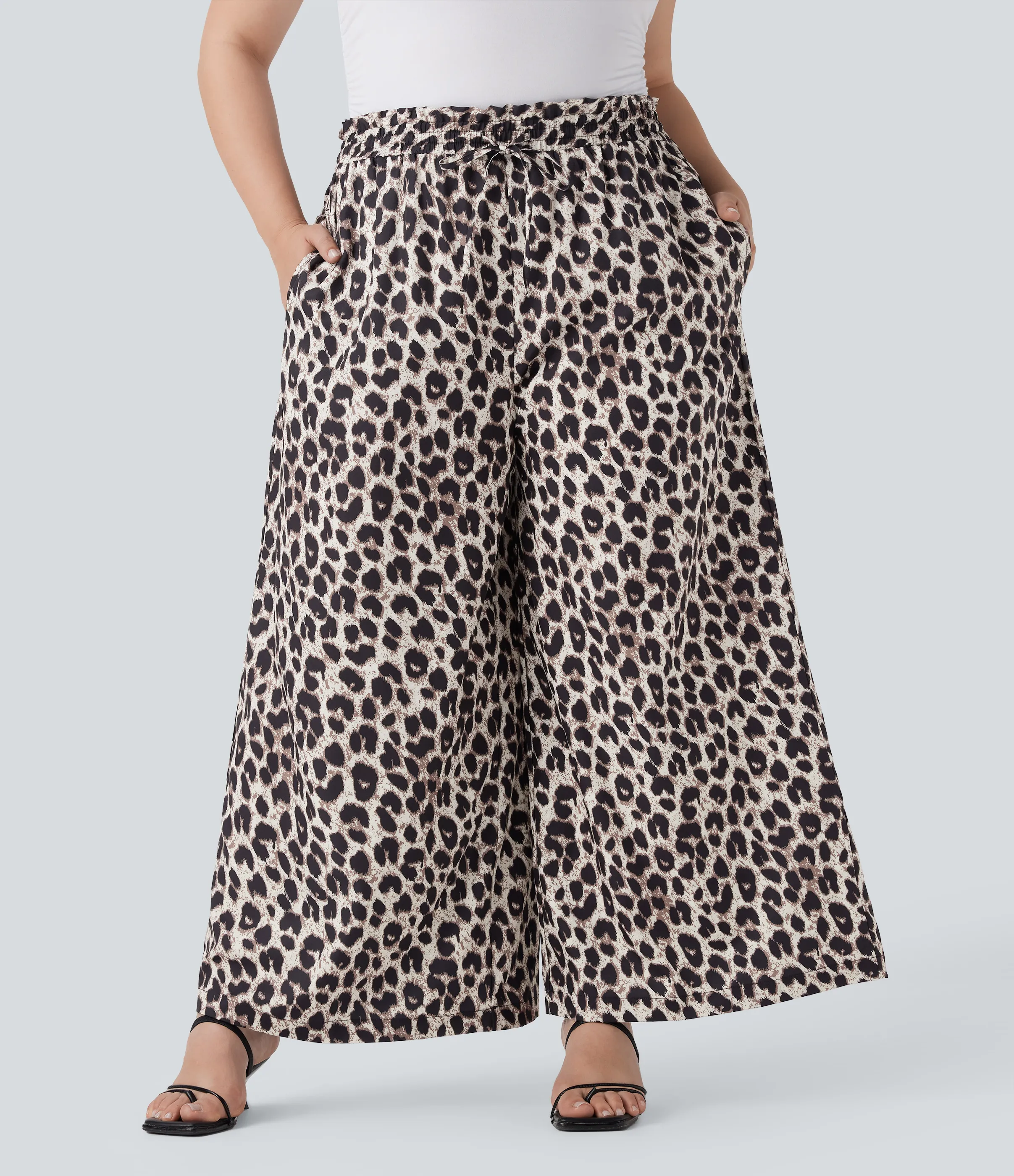 Halara Pantalón pierna ancha estampado leopardo tiro alto cordón ajustable talla grande bolsillo lateral - Gold Leopard Print - 2X(regular) sold by Halara