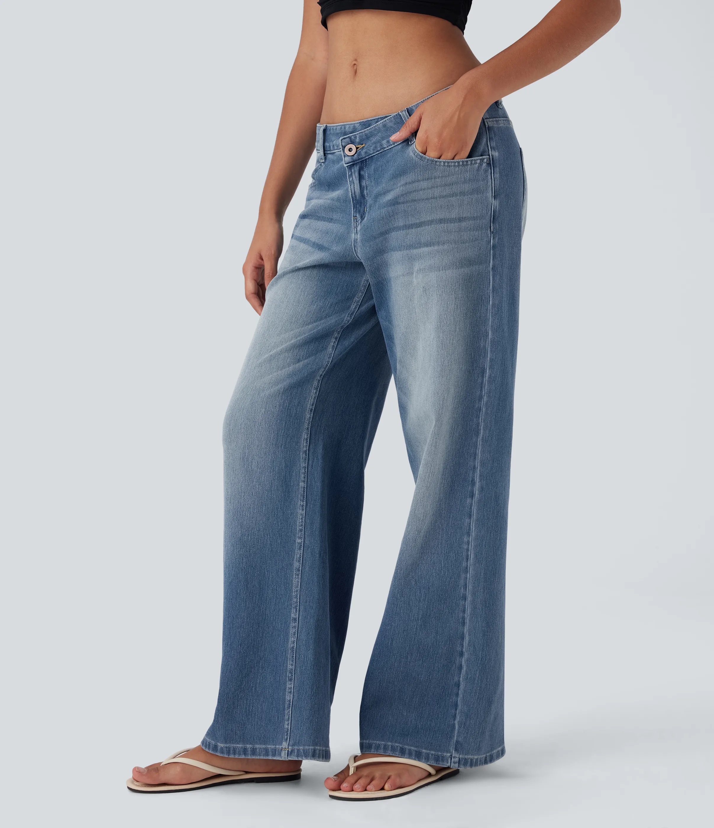 Halara Jeans Baggy Halara Flex™ Denim elástico lavado pierna ancha holgado múltiple bolsillo cierre botón tiro bajo asimétrico - Blue Surf Denim - XS(petite) sold by Halara product image thumbnail 4