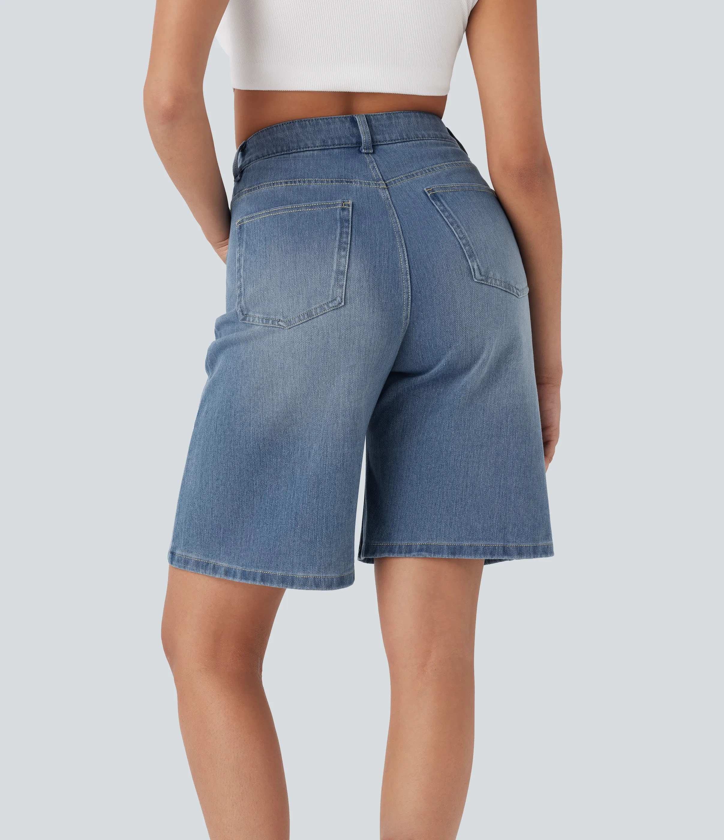 Halara Bermudas Halara Flex™ Denim mezclilla elástico lavado múltiple bolsillo tiro alto - Mid Blue Denim - XL(regular) sold by Halara product image thumbnail 2