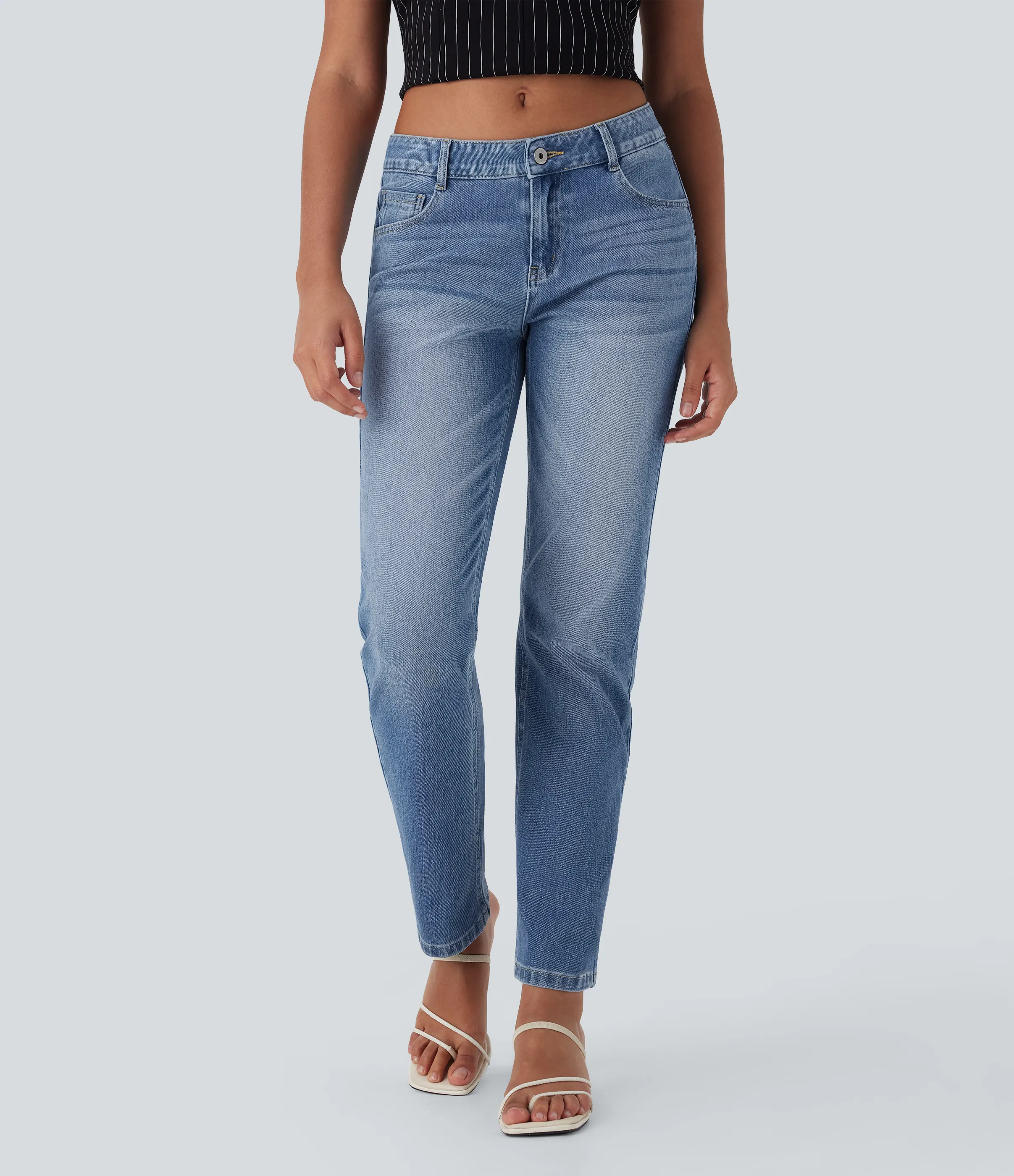 Halara Jeans Halara Flex™ Denim elástico lavado pierna recta cierre botón múltiple bolsillo tiro bajo - Tide Blue Denim - M(regular) sold by Halara