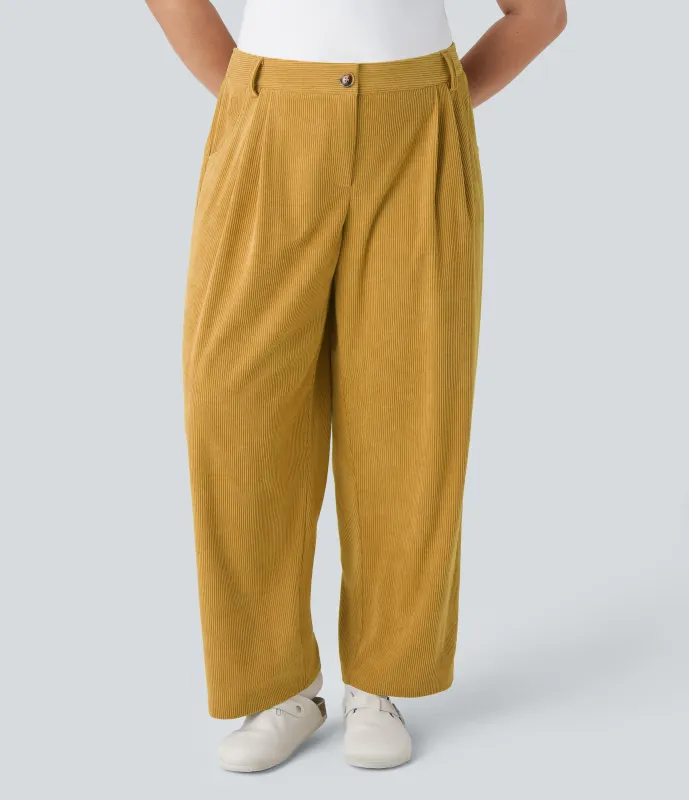 Halara Pantalones pana talla grande bolsillo lateral cremallera botón tiro medio - Autumn Yellow - 4X sold by Halara